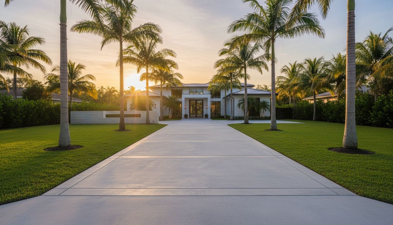 Modern concrete driveway at an upscale Parkland, Florida home